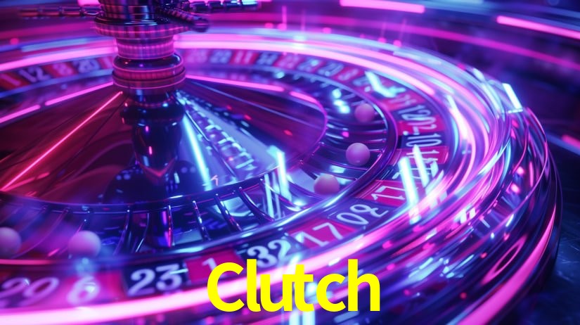 Una escena digital vívida inspirada en casino con Clutch mostrado prominentemente, luces brillantes, fichas, cartas y acentos dorados.