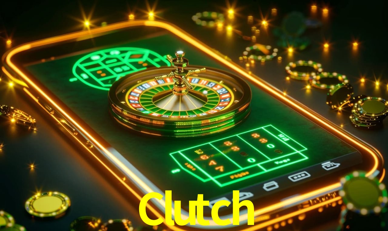 Escena dinámica inspirada en casino con iluminación Clutch, cartas, fichas e íconos de juegos digitales en un espacio moderno de juegos.