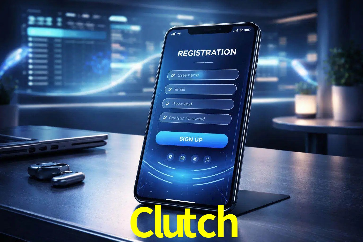 Una interfaz moderna de registro móvil para Clutch mostrada en un smartphone con un panel de apuestas elegante.